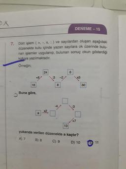 DENEME - 15
7. Dört işlem (+ X, :) ve sayılardan oluşan aşağıdaki
düzenekte kutu içinde yazan sayılara ok üzerinde bulu-
nan işlemler uygulanıp, bulunan sonuç okun gösterdiği
kutuya yazılmaktadır.
Ömeğin;
24
6.
+8
:3
16
30
Buna göre,
:3
x2
13
yukarıda verilen düzenekte a kaçtır?
A) 7
B) 8
C) 9
D) 10
e 11
8.