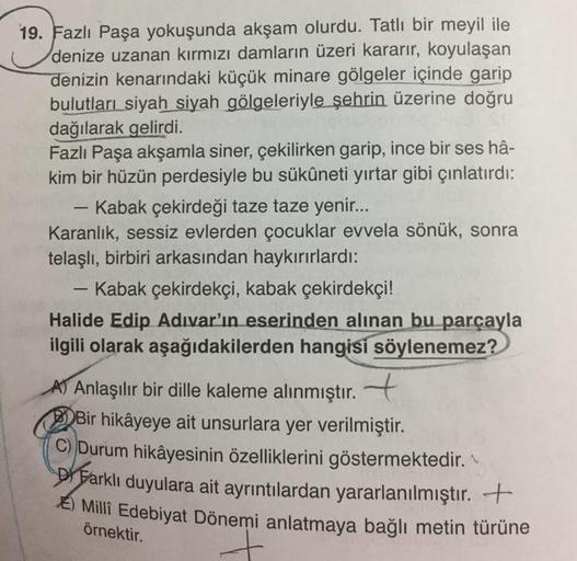 19. Fazlı Paşa yokuşunda akşam olurdu. Tatlı bir meyil ile
denize uzanan kırmızı damların üzeri kararır, koyulaşan
denizin kenarındaki küçük minare gölgeler içinde garip
bulutları siyah siyah gölgeleriyle şehrin üzerine doğru
dağılarak gelirdi.
Fazlı Paşa