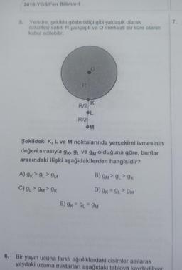 2010-YGB/Fen Bilimleri
7.
5. Yerküre; şekilde gösterildiği gibi yaklaşık olarak
Özkütlesi sabit, R yarıçaplı ve O merkezli bir küre olarak
kabul edilebilir.
R/2
OL
R/2
M
Şekildeki K, L ve M noktalarında yerçekimi ivmesinin
değeri sırasıyla gK, 9L ve gM olduğuna göre, bunlar
arasındaki ilişki aşağıdakilerden hangisidir?
A) gk> 9L> 9M
B) gM> 9L 9K
C) gL> 9M 9K
D) 9k = 9 9M
%3D
E) gk = 9L =9M
6. Bir yayın ucuna farklı ağırlıklardaki cisimler asılarak
yaydaki uzama miktarları aşağıdaki tabloya kaydediliyor
