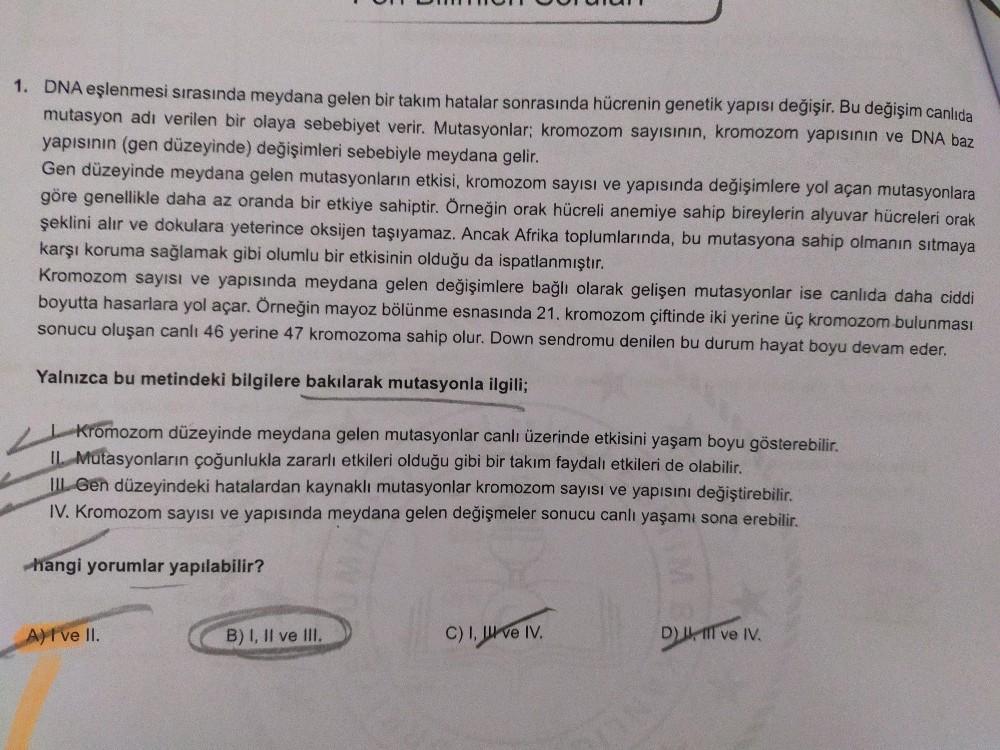 1. DNA eşlenmesi sırasında meydana gelen bir takım hatalar sonrasında hücrenin genetik yapısı değişir. Bu değişim canlıda
mutasyon adı verilen bir olaya sebebiyet verir. Mutasyonlar; kromozom sayısının, kromozom yapıIsinın ve DNA baz
yapısının (gen düzeyin