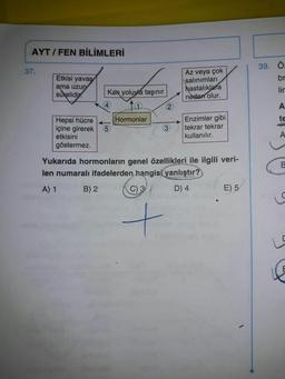 AYT/ FEN BİLİMLERİ
39. Ö:
Az veya çok
\salınımları
hastalıklara
neden olur.
37.
Etkisi yavas
br
ama uzun
surelidir.
Kan yoluyla taşınır
lin
4
2
A
Hormonlar
Enzimler gibi
te
Hepsi hücre
içine girerek
etkisini
tekrar tekrar
kullanılır.
5
3
A
göstermez.
Yukarıda hormonların genel özellikleri ile ilgili veri-
len numaralı ifadelerden hangisi yanlıştır?
A) 1
B) 2
C) 3
D) 4
E) 5
