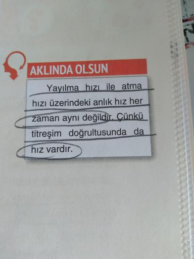 AKLINDA OLSUN
Yayılma hızı ile atma
hızı üzerindeki anlık hız her
zaman aynı değildir. Çünkü
titreşim doğrultusunda da
hız vardır.