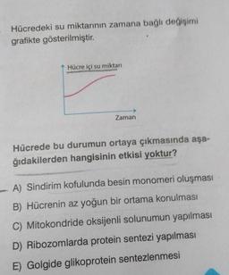 Hücredeki su miktarının zamana bağlı değişimi
grafikte gösterilmiştir.
Hücre içi su miktarı
Zaman
Hücrede bu durumun ortaya çıkmasında aşa-
ğıdakilerden hangisinin etkisi yoktur?
A) Sindirim kofulunda besin monomeri oluşması
B) Hücrenin az yoğun bir ortama konulması
C) Mitokondride oksijenli solunumun yapılması
D) Ribozomlarda protein sentezi yapılması
E) Golgide glikoprotein sentezlenmesi