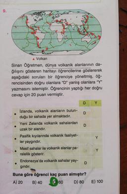 9.
A Volkan
Sinan Öğretmen, dünya volkanik alanlarının da-
ğılışını gösteren haritayı öğrencilerine göstererek
aşağıdaki soruları bir öğrenciye yöneltmiş, öğ-
rencisinden doğru olanlara "D" yanlış olanlara "Y"
yazmasını istemiştir. Öğrencinin yaptığı her doğru
cevap için 20 puan vermiştir.
| Y
İzlanda, volkanik alanların bulun-
duğu bir sahada yer almaktadır.
Yeni Zelanda volkanik sahalardan
uzak bir alandır.
Pasifik kıyılarında volkanik faaliyet-
Y.
ler yaygındır.
Masif sahalar ile volkanik alanlar pa-
Y
ralellik gösterir.
Endonezya'da volkanik sahalar yay-
gindır.
Buna göre öğrenci kaç puan almıştır?
A) 20
B) 40
O60
D) 80
E) 100