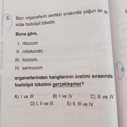 Bazı organellerin sentezi sırasında yoğun bir
kilde fosfolipit tüketilir.
Şe-
it
5.
Buna göre,
I. ribozom
II. mitokondri,
III. lizozom,
IV. sentrozom
8.
organellerinden hangilerinin üretimi sırasında
fosfolipit tüketimi gerçekleşmez?
A) I ve II
B) I ve IV
C) II ve IV
D) I, II ve III
E) II, III ve IV
Bilimyolu Yayınobk