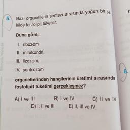 Bazı organellerin sentezi sırasında yoğun bir
kilde fosfolipit tüketilir.
Şe-
it
5.
Buna göre,
I. ribozom
II. mitokondri,
III. lizozom,
IV. sentrozom
8.
organellerinden hangilerinin üretimi sırasında
fosfolipit tüketimi gerçekleşmez?
A) I ve II
B) I ve IV
C) II ve IV
D) I, II ve III
E) II, III ve IV
Bilimyolu Yayınobk
