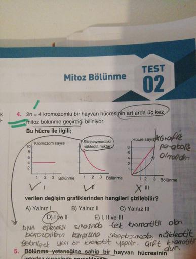 TEST
Mitoz Bölünme
02
4. 2n = 4 kromozomlu bir hayvan hücresinin art arda üç kez
mitoz bölünme geçirdiği biliniyor.
k
%3D
-
Bu hücre ile ilgili;
Hocre saysGnoft
KGN
porabolie
Sitoplazmadaki
nükleotit miktarı
Kromozom sayısı
10-
8
8.
6.
Olmalldin
6.
1 2 3 B