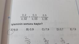 0,2
0,3
0,5
11.
0,02
0,03
0,05
işleminin sonucu kaçtır?
A)9,9
B) 0,9
C) 7,9
D) 0,7
E) 1,9
2.
