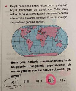4. Çeşitli nedenlerle ortaya çıkan orman yangınları
te büyük tahribatlara yol açmaktadır. Yıllık yağış
otele
miktarı fazla ve rejimi düzenli olan yerlerde tahrip
olan ormanlık alanlar kendilerini kısa bir süre için-
de yenileme şansına sahiptir.
Y. D.-
Ekvator-
O. D.
Buna göre, haritada numaralandırılmış taralı
bölgelerden hangisinde yaşanabilecek bir
orman yangını sonrası sonuç yukarıdaki gibi
olmaz?
A) I
B)II
C) II
D) IV
E) V