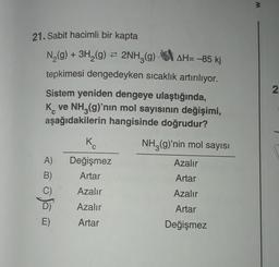 3
21. Sabit hacimli bir kapta
N2(g) + 3H2(g) = 2NH3(g) + AH= -85 kj
tepkimesi dengedeyken sıcaklık artırılıyor.
Sistem yeniden dengeye ulaştığında,
K ve NH3(g)'nın mol sayısının değişimi,
aşağıdakilerin hangisinde doğrudur?
to
NH3(g)'nin mol sayısı
A)
Azalır
Değişmez
Artar
B)
Artar
mofouz
Azalır
Azalır
Azalır
Artar
E)
Artar
Değişmez