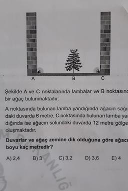 A
B
C
Şekilde A ve C noktalarında lambalar ve B noktasınd
bir ağaç bulunmaktadır.
A noktasında bulunan lamba yandığında ağacın sağıı
daki duvarda 6 metre, C noktasında bulunan lamba ya
dığında ise ağacın solundaki duvarda 12 metre gölge
oluşmaktadır.
Duvarlar ve ağaç zemine dik olduğuna göre ağacı
boyu kaç metredir?
A) 2,4
B)3
C) 3,2
D) 3,6
E) 4
ANLI
