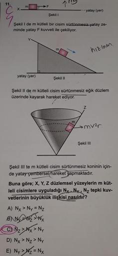 11.
91
C
x
-- yatay (yer)
Şekil I
Şekil I de m kütleli bir cisim sürtünmesiz yatay ze-
minde yatay F kuvveti ile çekiliyor.
m
hizlanen
yatay (yer)
Şekil 11
Şekil ll de m kütleli cisim sürtünmesiz eğik düzlem
üzerinde kayarak hareket ediyor.
Z
mur.
Şekil II