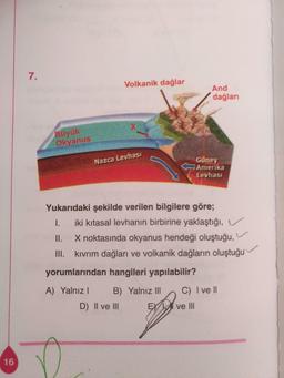 7.
Volkanik dağlar
And
dağlar
X
Büyük
Okyanus
Nazca Levhası
Güney
Amerika
Levhası
1.
Yukarıdaki şekilde verilen bilgilere göre;
iki kıtasal levhanın birbirine yaklaştığı,
II. X noktasında okyanus hendeği oluştuğu,
III. kıvrım dağları ve volkanik dağların oluştuğu
yorumlarından hangileri yapılabilir?
A) Yalnız B) Yalnız III C) I ve II
D) II ve III EYL ve III
16
