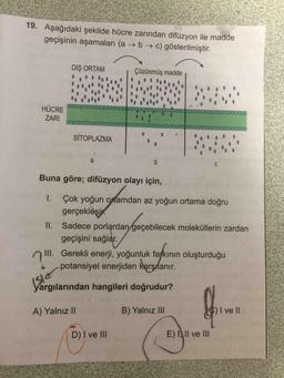 Aşağıdaki şekilde hücre zarından difüzyon ile madde geçişinin aşamaları (a-> b -> c) gösterilmiştir.
Buna göre; difüzyon olayı için,
I. Çok yoğun ortamdan az yoğun ortama doğru gerçekleşir.
II. Sadece porlardan geçebilecek moleküllerin zardan geçişini sağlar.
III. Gerekli enerji, yoğunluk farkının oluşturduğu potansiyel enerjiden karşılanır.
yargılarından hangileri doğrudur?
A) Yalnız II
B) Yalnız III
C) I ve II
D) I ve III
E) I, II ve III