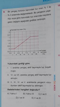 10
8. Bir yengeç türünün kanındaki tuz oranı % 1 ile
% 3 arasında değişmektedir. Bu yengecin yaşa-
diği suya göre kanındaki tuz oranında meydana
gelen değişim aşağıdaki grafikte verilmiştir.
A Kandaki tuz oranı (%)
0
0,5
1
1,5
2
2,5
3
3,5
Sudaki
3,5 3 2,5 21,5 1 0,5 0 tuz oranı
IV V VI VII
11
Yukarıdaki grafiği göre;
I. I. aralıkta yengeç aktif taşımayla tuz boşalt-
mıştır.
II. VI. ve VII. aralıkta yengeç aktif taşımayla tuz
almıştır.
III. II., III., IV. ve V. aralıklarda yengecin vücu-
dundan aktif taşımayla tuz atılmıştır.
ifadelerinden hangileri doğrudur?
A) Yalnız! B) Yalnız III C) I ve II
D) I ve III E) Il ve III
ESEN UÇRENK
12
