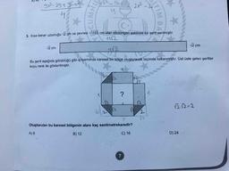 A) 4x
gx2-25+ 9x
16.
2x2 -
I
4
CUMHO
(c
3. Kisa kenar uzunluğu v2 cm ve çevresi V1152 cm olan dikdörtgen şeklinde bir şerit verilmiştir.
1172
Vē cm
√2 cm
12
Bu şerit aşağıda görüldüğü gibi iç kısmında karesel bir bölge oluşturacak biçimde katlanmıştır. Üst üste gelen şeritler
koyu renk ile gösterilmiştir.
12
62
12.12=2
C
2
(2
2
2
(2
x
Oluşturulan bu karesel bölgenin alanı kaç santimetrekaredir?
A) 8
B) 12
C) 16
D) 24
7
GITIM
BALE