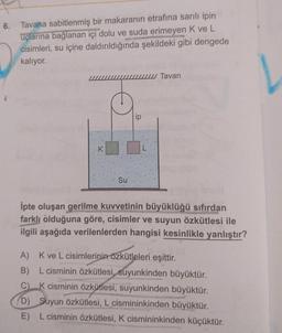 6.
Tavana sabitlenmiş bir makaranın etrafına sarılı ipin
uçlarına bağlanan içi dolu ve suda erimeyen K ve L
cisimleri, su içine daldırıldığında şekildeki gibi dengede
kalıyor.
Tavan
ip
K
Su
ipte oluşan gerilme kuvvetinin büyüklüğü sıfırdan
farklı olduğuna göre, cisimler ve suyun özkütlesi ile
ilgili aşağıda verilenlerden hangisi kesinlikle yanlıştır?
..
A) Kve L cisimlerinin özkütleleri eşittir.
B) L cisminin özkütlesi, suyunkinden büyüktür.
C) K cisminin özkütlesi, suyunkinden büyüktür.
D) Suyun Özkütlesi, L cismininkinden büyüktür.
E) L cisminin özkütlesi, K cismininkinden küçüktür.