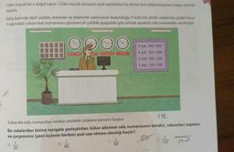 1'den büyük bir x doğal sayısı vxden büyük olmayan asal sayılardan hiç birine tam bölünmüyorsa x sayısı asal bir
sayıdır.
Giriş katında idari odalar, restoran ve bekleme salonunun bulunduğu 4 katlı bir otelin odalarına yüzler basa-
mağındaki rakam kat numarasını gösterecek şekilde aşağıdaki gibi ardışık sayılarla oda numaraları verilmiştir.
4. kat: 401-430
NEW YORK
SON
ISTANBUL
TOKYO
3. kat: 301-330
2. kat: 201-230
1. kat: 101-130
g
Yukarıda oda numaraları verilen oteldeki odaların tamamı boştur.
119-
Bu odalardan birine rastgele yerleştirilen Gülce ailesinin oda numarasının kendisi, rakamları toplamı
ve çarpımının (yani üçünün birden) asal sayı olması olasılığı kaçtır?
A)
1
B)
120
30
60
40
1
1