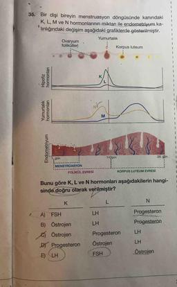 35. Bir dişi bireyin menstruasyon döngüsünde kanındaki
K, L, M ve N hormonlarının miktarı ile endometriyum ka-
linlığındaki değişim aşağıdaki grafiklerde gösterilmiştir.
Yumurtalık
Ovaryum
folikülleri
Korpus luteum
1
Hipofiz
hormonları
K
L
wh
Yumurtalık
hormonları
1
M
1
1
1
1
1
Endometriyum
1. gün
14. gün
28. gün
MENSTRÜASYON
FOLİKÜL EVRESİ
KORPUS LUTEUM EVRESİ
Bunu göre K, L ve N hormonları aşağıdakilerin hangi-
sinde doğru olarak verilmiştir?
K
L
N
LH
Progesteron
A) FSH
LH
Progesteron
LH
B) Östrojen
Östrojen
DI Progesteron
Progesteron
Östrojen
LH
FSH
Östrojen
E) LH
