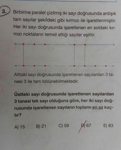 3.
Birbirine paralel çizilmiş iki sayı doğrusunda ardışık
tam sayılar şekildeki gibi kırmızı ile işaretlenmiştir.
Her iki sayı doğrusunda işaretlenen en soldaki kır-
mizi noktaların temsil ettiği sayılar eşittir.
Alttaki sayı doğrusunda işaretlenen sayılar