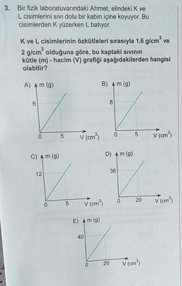 3. Bir fizik laboratuvarındaki Ahmet, elindeki K ve
L cisimlerini sivi dolu bir kabın içine koyuyor. Bu
cisimlerden Kyüzerken L batıyor.
Kve L cisimlerinin özkütleleri sırasıyla 1,6 g/cm ve
2 g/cm olduğuna göre, bu kaptaki sivinin
kütle (m) - hacim (V) grafiği aşağıdakilerden hangisi
olabilir?
A) Am (g)
B) Am (g)
6
8
0
5
V (cm)
0
5
V(cm)
C) Am (9)
D) Am (g)
36
12
0
20
0
V(cm3)
5
V (cm)
E Am (g)
40
0
20
V(cm3)