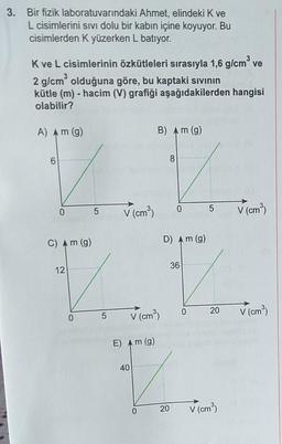 3. Bir fizik laboratuvarındaki Ahmet, elindeki K ve
L cisimlerini sivi dolu bir kabın içine koyuyor. Bu
cisimlerden Kyüzerken L batıyor.
Kve L cisimlerinin özkütleleri sırasıyla 1,6 g/cm ve
2 g/cm olduğuna göre, bu kaptaki sivinin
kütle (m) - hacim (V) grafiği aşağıdakilerden hangisi
olabilir?
A) Am (g)
B) Am (g)
6
8
0
5
V (cm)
0
5
V(cm)
C) Am (9)
D) Am (g)
36
12
0
20
0
V(cm3)
5
V (cm)
E Am (g)
40
0
20
V(cm3)
