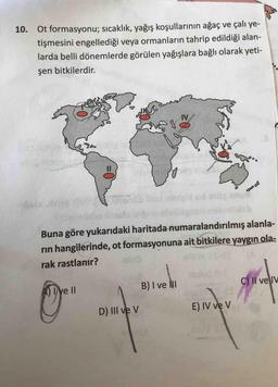 10. Ot formasyonu; sıcaklık, yağış koşullarının ağaç ve çalı ye-
tişmesini engellediği veya ormanların tahrip edildiği alan-
larda belli dönemlerde görülen yağışlara bağlı olarak yeti-
şen bitkilerdir.
IV
8
Il
Buna göre yukarıdaki haritada numaralandırılmış alanla-
rin hangilerinde, ot formasyonuna ait bitkilere yaygın ola-
rak rastlanır?
B) I ve NI
C) Il ve IV
I ve II
O
D) III ve v
E) IV ve v
