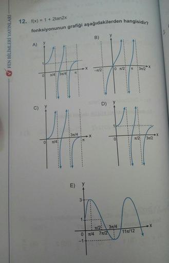 fonksiyonunun grafiği aşağıdakilerden hangisidir?
12. f(x) = 1 + 2tan2x
y
B)
FEN BİLİMLERİ YAYINLARI
A)
y
X
TL
0 12:
: 31/2
-1/2
TU
0
T4: 3/4
1
1
D) y
C)
370/4
X
X
0
1/2:
31/2
TC
0
1/4:
E) y
370/4
X
T/2:
0 0/4 710/2
1110/12
-1-