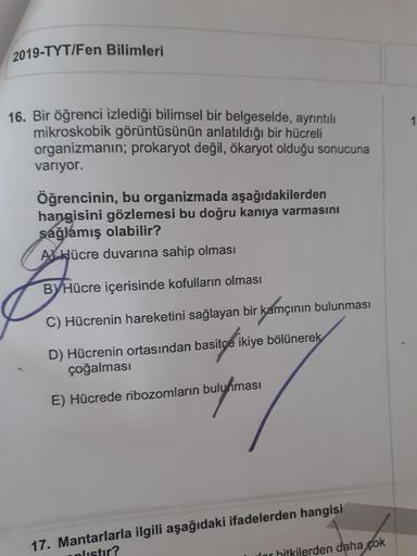 2019-TYT/Fen Bilimleri
16. Bir öğrenci izlediği bilimsel bir belgeselde, ayrıntılı
mikroskobik görüntüsünün anlatıldığı bir hücreli
organizmanın; prokaryot değil, ökaryot olduğu sonucuna
variyor.
Öğrencinin, bu organizmada aşağıdakilerden
hangisini gözleme