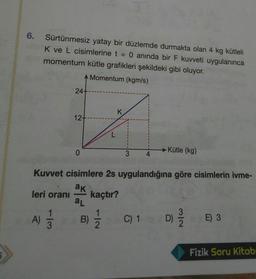 6.
Sürtünmesiz yatay bir düzlemde durmakta olan 4 kg kütleli
Kve L cisimlerine t O anında bir F kuvveti uygulanınca
momentum kütle grafikleri şekildeki gibi oluyor.
A Momentum (kgm/s)
24+
K
12+-
Kütle (kg)
o
3
4
Kuvvet cisimlere 2s uygulandığına göre cisimlerin ivme-
ak
leri orani
kaçtır?
al
A)
A)
B)
C) 1 D
D)
E) 3
3
Fizik Soru Kitab