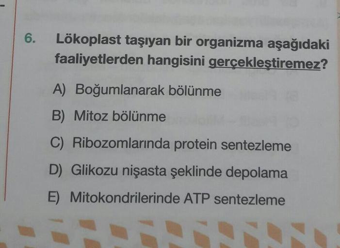 6.
Lökoplast taşıyan bir organizma aşağıdaki
faaliyetlerden hangisini gerçekleştiremez?
A) Boğumlanarak bölünme
B) Mitoz bölünme
C) Ribozomlarında protein sentezleme
D) Glikozu nişasta şeklinde depolama
E) Mitokondrilerinde ATP sentezleme