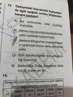 n
13. Türkiye'deki hayvancılık faaliyetleri
ile ilgili aşağıda verilen bilgilerden
hangisi yanlıştır?
A) Bal üretiminde, bitki çeşitliliği
önemlidir.
B) Kümes hayvancılığı büyükşehirlere
yakın yerlerde toplanmıştır.
Akdeniz Bölgesi'nin engebeli arazi-
si nedeniyle koyun daha çok tercih
edilir.
Dipek böcekçiliğinde dut yetiştirici-
liği önemlidir.
E) Balıkçılıkta Doğu Karadeniz Bölü-
mü ilk sırada yer alır.
14.
Türkiye'de seçilmiş enerji kaynaklarına göre elektrik
enerjisi üretimi oranları ve toplam üretim
Toplam Kömür Doğal Hidro- Diğer
Yil
lik 9 9
GWh
%
gaz %
