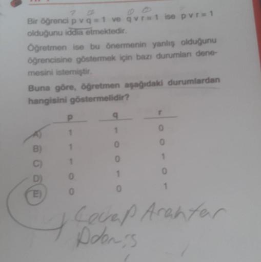 Bir öğrenci p q = 1 ve avra 1 ise pur=1
olduğunu iddia etmektedir.
Ogretmen ise bu önermenin yanlış olduğunu
öğrencisine göstermek için bazı durumlan dene-
mesini istemiştir
Buna göre, ogretmen aşağıdaki durumlardan
hangisini göstermelidir?
P
1
B
0
C
1
0
1