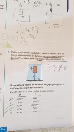 B)
1
D)
2
3
E) 2
dığı
Haki
Too
Su
V sluis
as
Dörl
F. -
N
s
ari
8. Düşey kesiti verilen su dolu kabin tabanına bağlı bir cisim şe-
kildeki gibi dengededir. Bu durumda kap tabanına etki eden su
basıncı P. cisme etki eden kaldırma kuvvetinin büyüklüğü F dir.
Fe = vo os al
ip
Su
Buna göre, ip kesilip cisim tekrar dengeye geldiğinde, P
ve F nicelikleri için ne söylenebilir?
(Kesilmeden önce ipteki gerilme sıfırdan farklıdır.)
P
F
Azalır
Artar
B) Artar
Azalırd
Azalır Değişmez
D) Artar
Artar
Azalır
E)
Azalır
.'
7.C 8.E
259