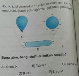 Nötr K, L, M cisimlerine "-"yüklü bir cisim ayri ayrido
kundurulduğunda yük dağılımları şekildeki gibi oluyor
L
K
M
Buna göre, hangi cisimler iletken olabilir?
C) Yalnız M
A) Yalnız K.
B) Yalnız L
D) K ve L
E) L ve M.