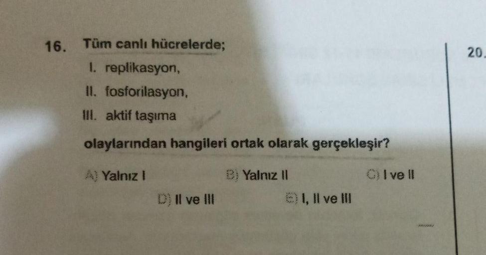 20.
16. Tüm canlı hücrelerde;
I replikasyon,
II. fosforilasyon,
ill. aktif taşıma
olaylarından hangileri ortak olarak gerçekleşir?
A) Yalnız!
8. Yalnız il
CI ve II
D) Il ve III
I, II ve III
