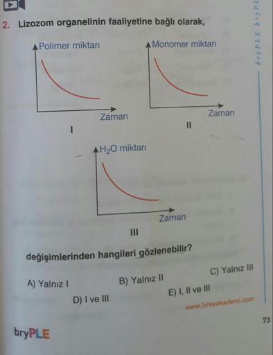 2. Lizozom organelinin faaliyetine bağlı olarak,
bryPLE brypL
A Polimer miktarı
A Monomer miktarı
Zaman
Zaman
II
AH2O miktari
Zaman
değişimlerinden hangileri gözlenebilir?
A) Yalnız 1
B) Yalnız 11
C) Yalnız III
E) I, II ve III
D) I ve III
www.bireyakademi.