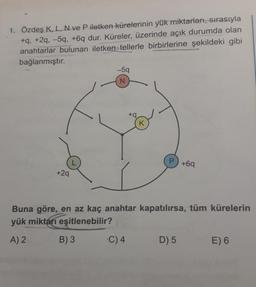 1. Özdeş K, L, N ve P iletken kürelerinin yük miktarları, sırasıyla
+q, +2q, -59, +6q dur. Küreler, üzerinde açık durumda olan
anahtarlar bulunan iletkentellerle birbirlerine şekildeki gibi
bağlanmıştır.
–59
N
+
K
P
+69
+29
Buna göre, en az kaç anahtar kapatılırsa, tüm kürelerin
yük miktarı eşitlenebilir?
A) 2
B) 3
C) 4
D) 5
E) 6