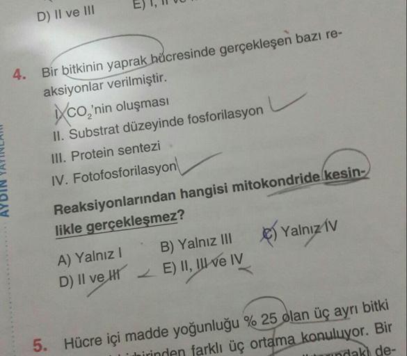 D) II ve III
4.
Bir bitkinin yaprak hücresinde gerçekleşen bazı re-
aksiyonlar verilmiştir.
Xco,'nin oluşması
II. Substrat düzeyinde fosforilasyon
III. Protein sentezi
IV. Fotofosforilasyon
Reaksiyonlarından hangisi mitokondride kesin-
likle gerçekleşmez?
