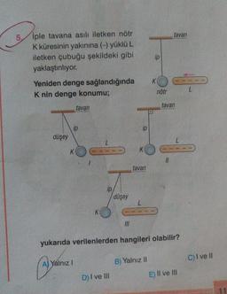 tavan
5/Iple tavana asılı iletken nötr
K küresinin yakınına (-) yüklü L
iletken çubuğu şekildeki gibi
yaklaştırılıyor.
ip
K
Yeniden denge sağlandığında
K nin denge konumu;
nötr
L
tavan
tavan
ip
ip
düşey
L
K
K
IL
tavan
ip
düşey
L
K
- -
yukarıda verilenlerden hangileri olabilir?
C) I ve II
Al Yalnız!
B) Yalnız II
D) I ve II
E) II ve III
11
1
