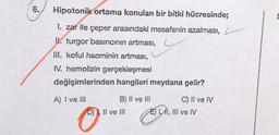 Hipotonik ortama konulan bir bitki hücresinde;
I. zar ile çeper arasındaki mesafenin azalması,
II. turgor basıncının artması,
III. koful hacminin artması,
IV, hemolizin gerçekleşmesi
değişimlerinden hangileri meydana gelir?
A) I ve III B) Il ve III C) II ve IV D) I, II ve III E) I,II, III ve IV