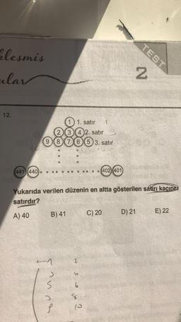 TEST
klesmis
alar
N
12.
1. satır
1
3)(4)2. satır S
6(5) 3. satir
98
441)(440)
. • 402) (401
Yukarıda verilen düzenin en altta gösterilen satrı kaçıncı
satırdır?
B) 41
C) 20
D) 21
A) 40
E) 22
2
>
1.
n
6
8
f
(