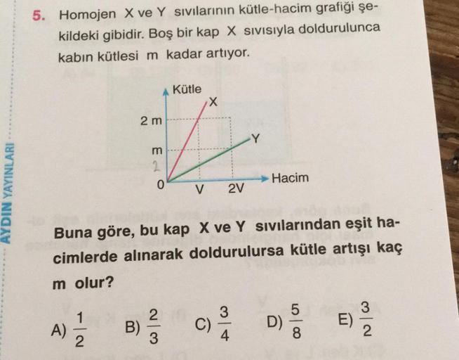 5. Homojen X ve Y sivilarının kütle-hacim grafiği şe-
kildeki gibidir. Boş bir kap X sivisiyla doldurulunca
kabin kütlesi m kadar artıyor.
Kütle
X
2 m
Y
m
2
0
Hacim
AYDIN YAYINLARI
V
2V
Buna göre, bu kap X ve Y sivilarından eşit ha-
cimlerde alınarak doldu