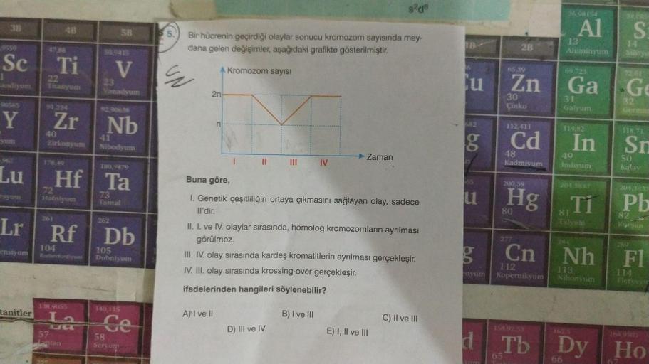 s de
3B
43
50
Al
55.
S
Bir hücrenin geçirdiği olaylar sonucu kromozom sayısında mey-
dana gelen değişimler, aşağıdaki grafikte gösterilmiştir.
2B
13
Aluminyum
Silasy
Sc
Ti
V
Kromozom sayısı
15:19
69223
22
23
Vanadyum
UN
lu
Zn
Ga
G
2n
30
Çinko
31
Galyum
92 