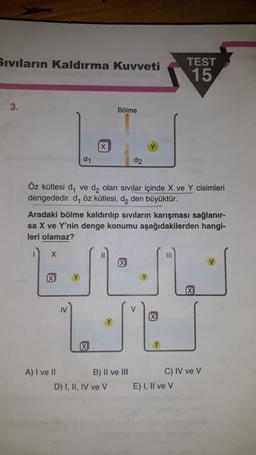 Sıvıların Kaldırma Kuvveti
TEST
15
3.
Bölme
X
Y
d1
d2
Öz kütlesi dy ve dą olan sıvılar içinde X ve Y cisimleri
dengededir. d, öz kütlesi, d, den büyüktür.
Aradaki bölme kaldırılıp siviların karışması sağlanır-
sa X ve Y'nin denge konumu aşağıdakilerden hangi-
leri olamaz?
X
X
Y
x
Y
X
IV
V
X
21
A) I ve II
B) II ve III
D) I, II, IV ve v
C) IV ve V
E) I, II ve v
