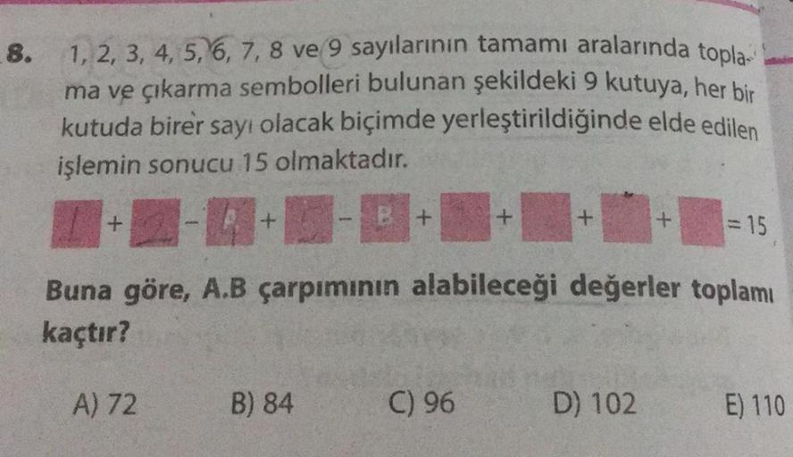 8.
1, 2, 3, 4, 5, 6, 7, 8 ve 9 sayılarının tamamı aralarında topla
ma ve çıkarma sembolleri bulunan şekildeki 9 kutuya, her bir
kutuda birer sayı olacak biçimde yerleştirildiğinde elde edilen
işlemin sonucu 15 olmaktadır.
+
+
+
+
= 15
Buna göre, A.B çarpım