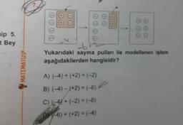 nip 5.
t Bey
Yukarıdaki sayma pulları ile modellenen işlem
aşağıdakilerden hangisidir?
MATEMATUS
A) (-4) + (+2) = (-2)
B) (-4) - (+2) = (-6)
C) (-4) + (-2) = (-6)
6) + (+2) = (-4)
C
