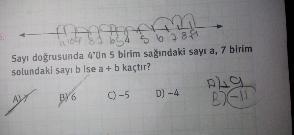 5.
m
654 5 6 7 819
non
Sayı doğrusunda 4'ün 5 birim sağındaki sayı a, 7 birim
solundaki sayı b ise a + b kaçtır?
Ala
B/ 6 C) -5 D) -4
AY B36
BE18