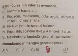 Bitki hücresinin interfaz evresinde,
1. Hücrenin hacmi artar.
II. Ribozom, mitokondri, golgi aygıtı, kloroplast
ve sentriol sayısı artar.
III. RNA ve protein sentezi hızlanır.
IV. Enerji ihtiyacından dolayı ATP üretimi artar.
V. Metabolizma kontrolü için enzim sentezlenir.
durumlarından hangisi gerçekleşmez?
A) V B) IV C) III II E)