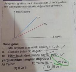 Aşağıdaki grafikte hacimleri eşit olan X ve Y gazları-
nin basınçlarının sıcaklıkla değişimleri verilmiştir.
Basınç (atm)
1
1
1
nx
1
1
1
ny
1
1
Sıcaklık
0
Buna göre,
I. Mol sayıları arasındaki ilişki ny > ny dir. V
II. Sıcaklık birimi °C değildir.
III. Birim hacimdeki tanecik sayıları eşittir.
yargılarından hangileri doğrudur?
A) Yalnız!
B) Yalnız IU C) I ve
D) II ve III
E) 1, II ve III